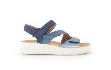 Sandales bleues en cuirs et textiles combinés